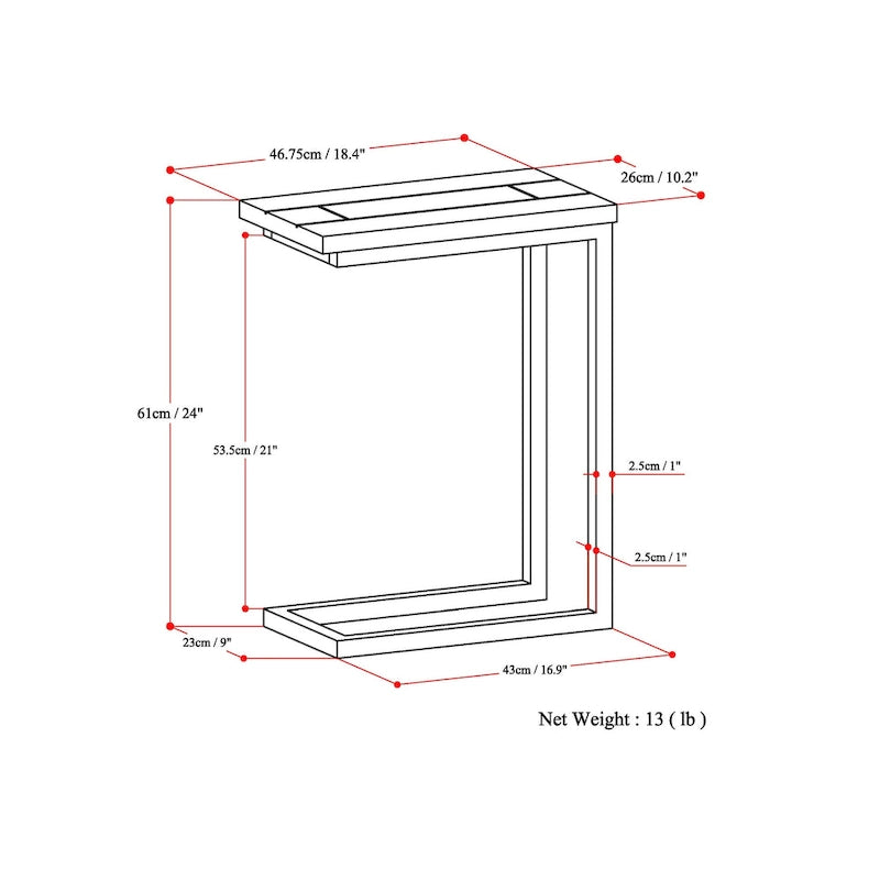 Table d'appoint industrielle en métal massif, en forme de C, de 45,7 cm de large – 45,7 L x 25,4 P x 61 H cm