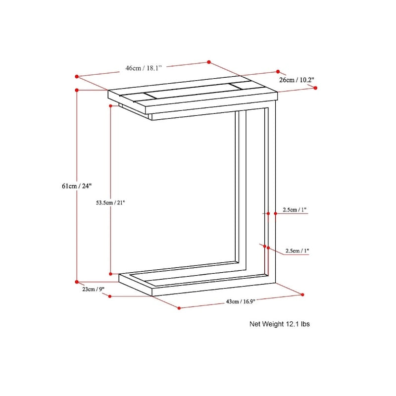 Table d'appoint industrielle en métal massif, en forme de C, de 45,7 cm de large – 45,7 L x 25,4 P x 61 H cm