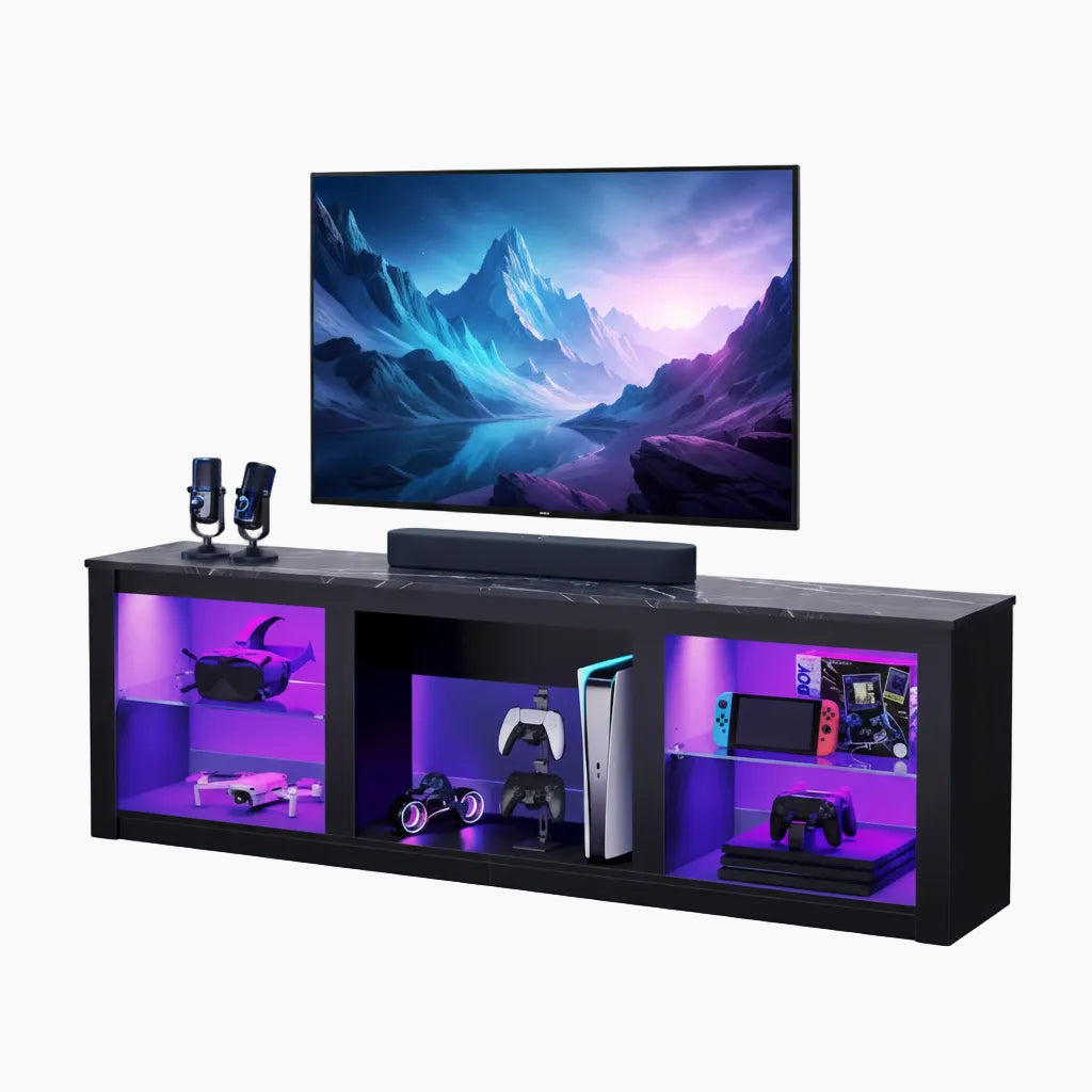 70-Inch LED TV Stand with Tempered Glass Shelves and Open Cabinet - 71 in