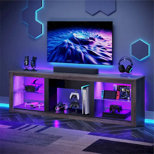 Meuble TV LED 70 pouces avec étagères en verre trempé et armoire ouverte - 71 po