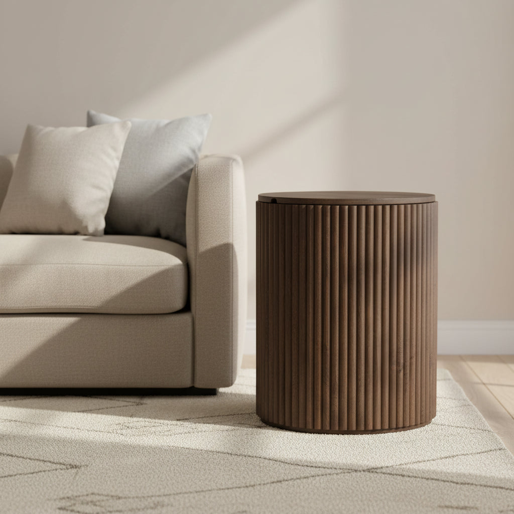 Terra Dark Brown Solid Wood Fluted Round Side Table