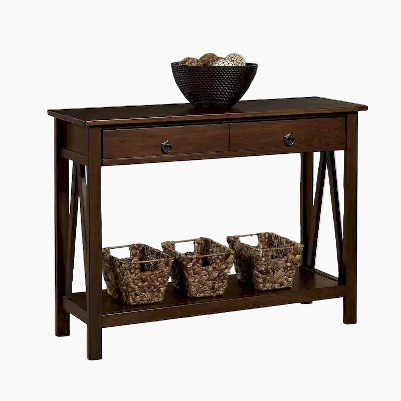 Console de salon à 2 tiroirs et étagère de rangement marron tabac - 14 x 42 x 30,7 pouces