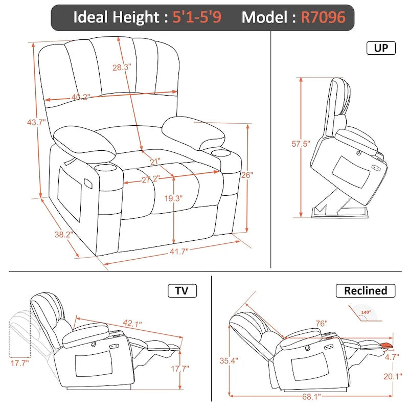 Fauteuil inclinable releveur avec massage et chauffage – Similicuir, Largeur moyenne
