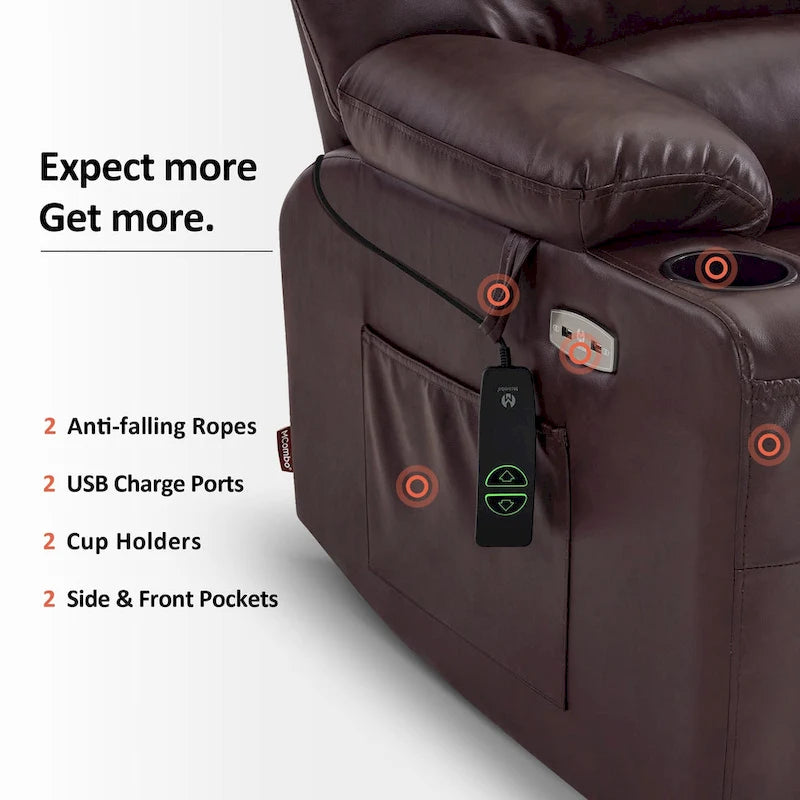 Fauteuil inclinable releveur avec massage et chauffage – Similicuir, Largeur moyenne