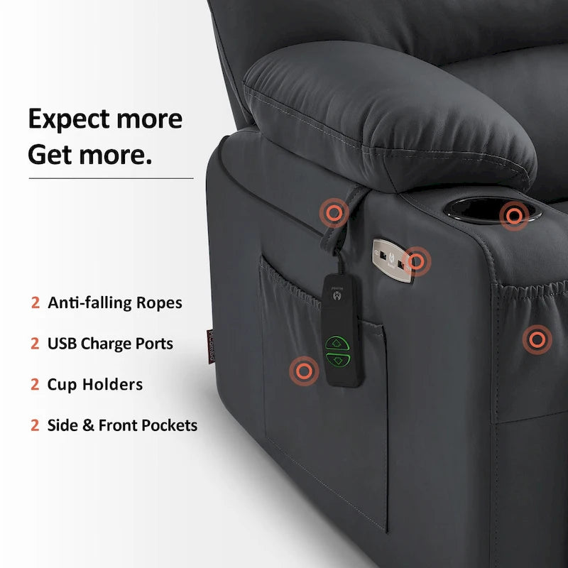 Fauteuil inclinable releveur avec massage et chauffage – Similicuir, Largeur moyenne