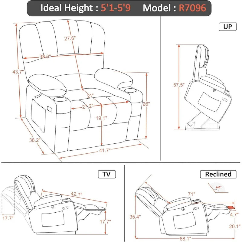 Fauteuil inclinable releveur avec massage et chauffage – Similicuir, Largeur moyenne