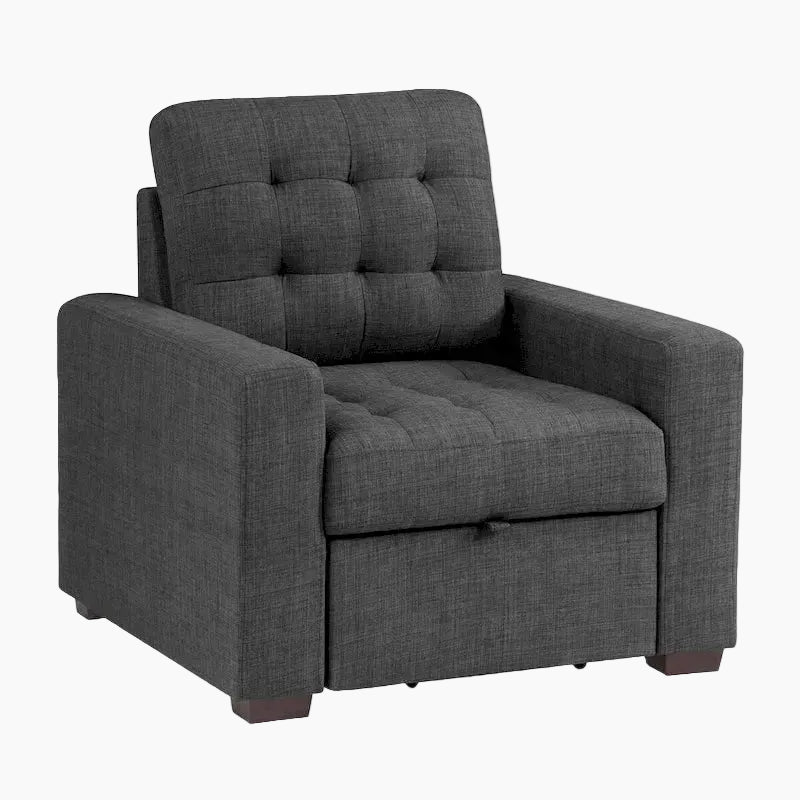 Cliff 37 Inch Chair, Pull Out Ottoman, Dark Gray Polyester, Espresso Wood