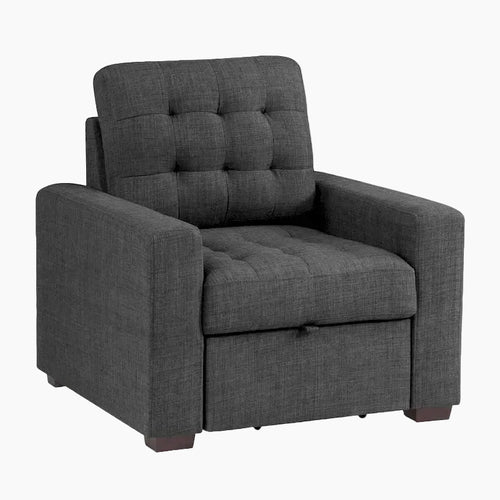 Cliff 37 Inch Chair, Pull Out Ottoman, Dark Gray Polyester, Espresso Wood