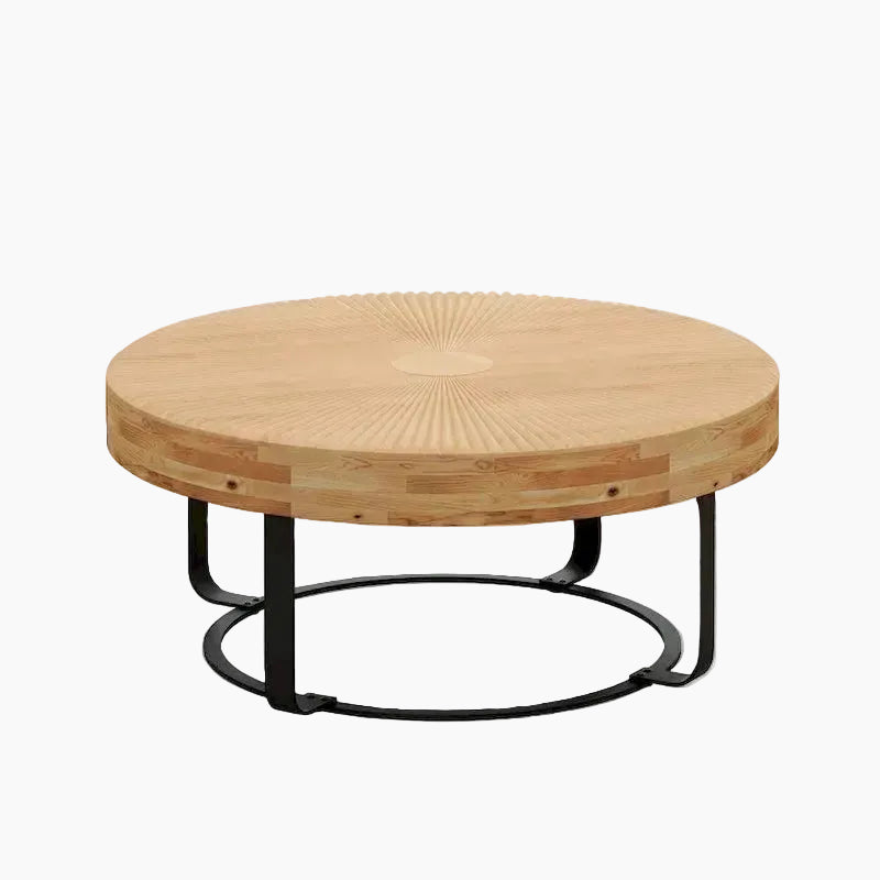 Table basse ronde moderne avec motif sculpté en bois et pieds en métal pour salon, salle de réception, bureau, Noir