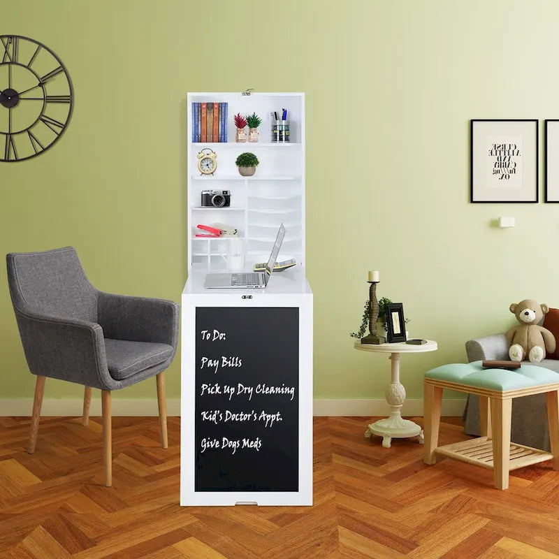 Table de bureau pliable et rabattable avec armoire de rangement et étagères inférieures, blanche