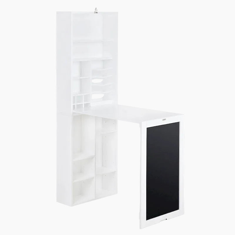 Table de bureau pliable et rabattable avec armoire de rangement et étagères inférieures, blanche