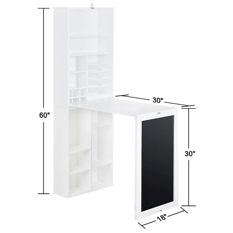 Table de bureau pliable et rabattable avec armoire de rangement et étagères inférieures, blanche