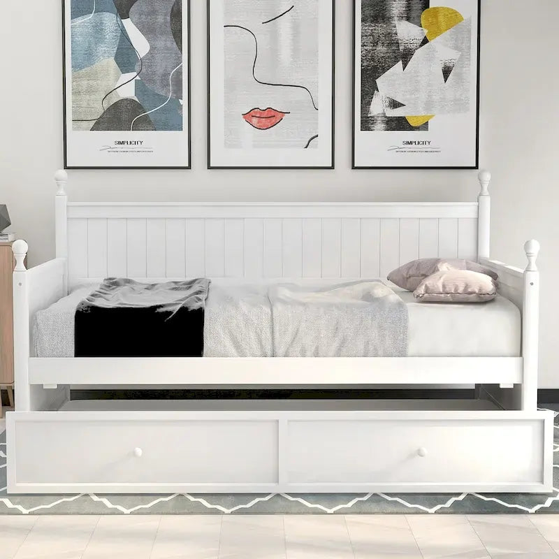 Lit de repos double moderne avec lit gigogne et rangement dissimulé – Fini blanc