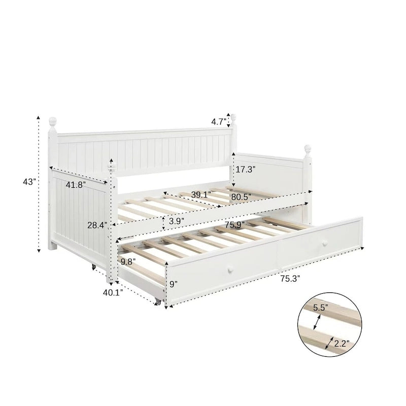 Lit de repos double moderne avec lit gigogne et rangement dissimulé – Fini blanc