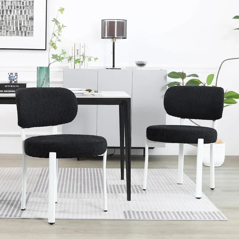 Chaises de salle à manger modernes en bouclette rembourrées avec pieds en métal blanc