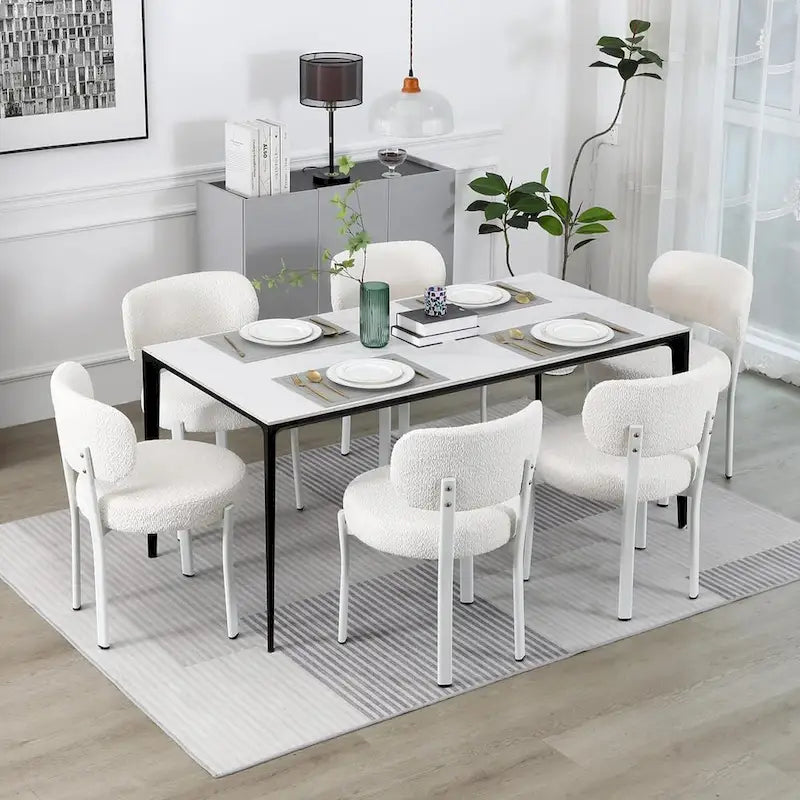 Chaises de salle à manger modernes en bouclette rembourrées avec pieds en métal blanc