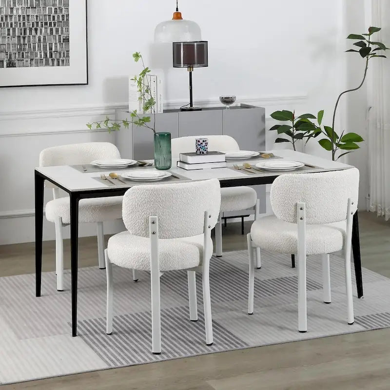 Chaises de salle à manger modernes en bouclette rembourrées avec pieds en métal blanc