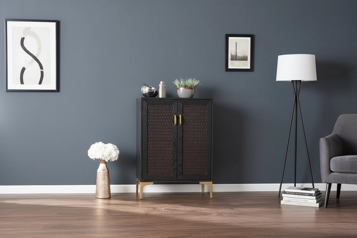 Modern Rustic Black Gold and Faux Rattan Bar Cabinet