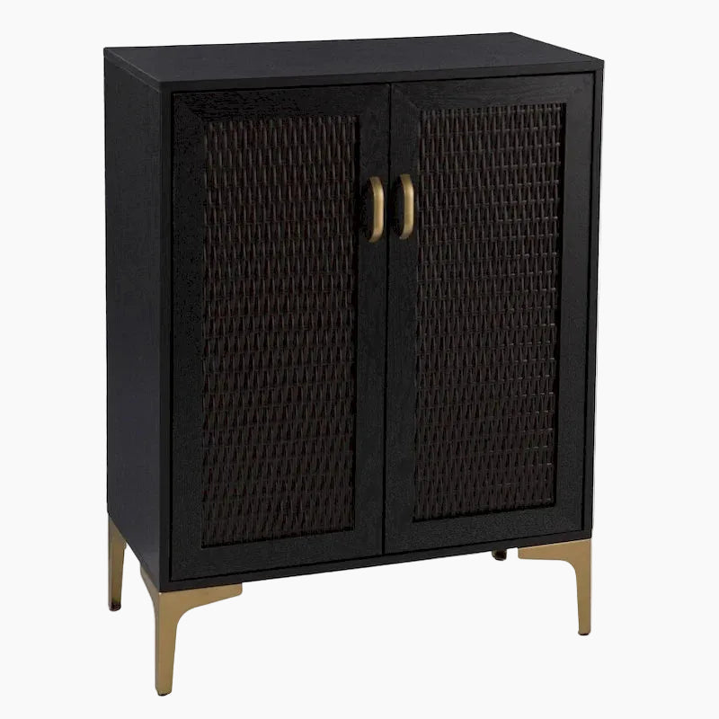 Meuble bar moderne rustique noir et or avec cannage en rotin synthétique