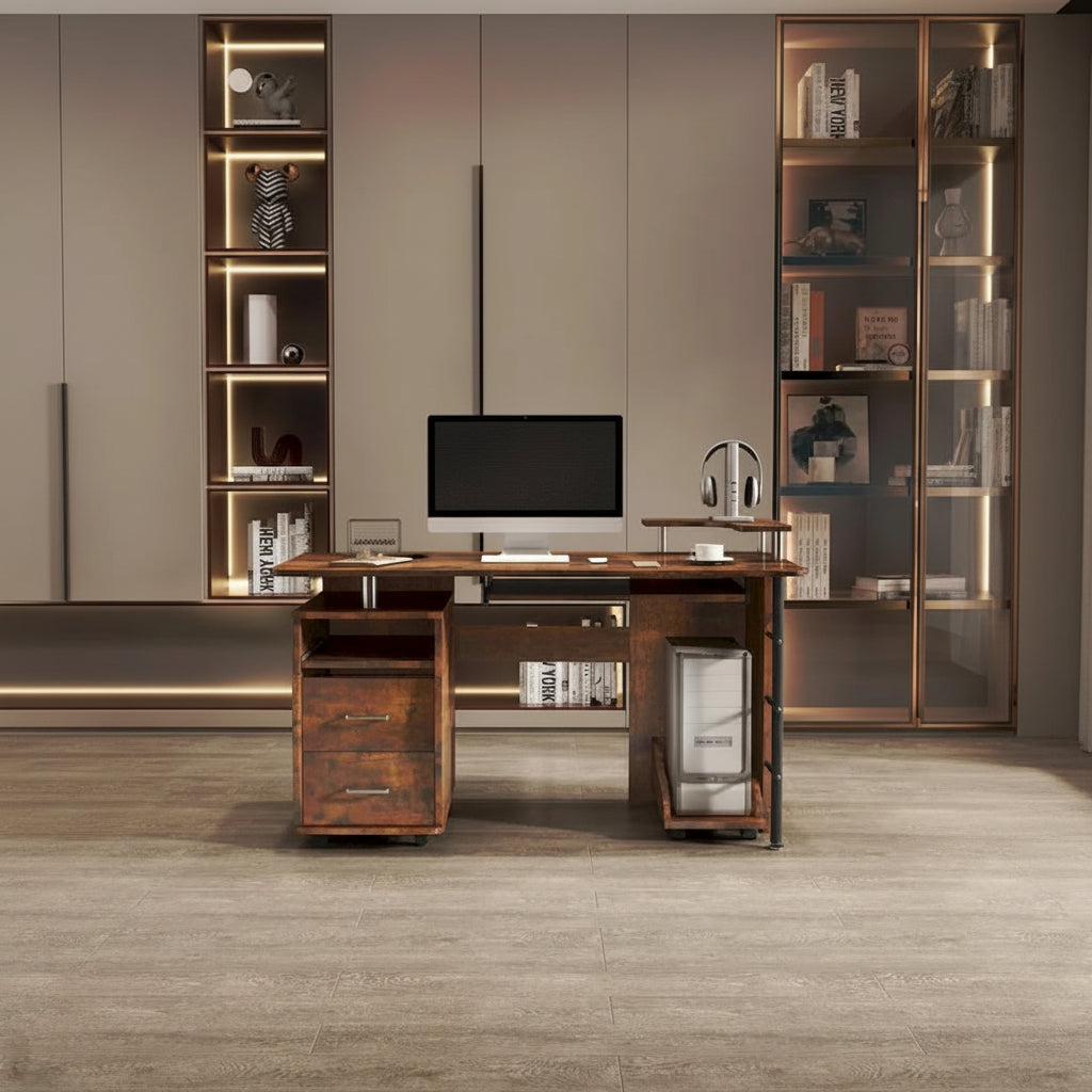 solid wood computer Desk,office table with PC droller,storage shelves and file cabinet,two drawers,CPU tray,a shelf
