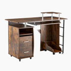 Bureau d'ordinateur en bois massif, table de bureau avec roulette pour PC, étagères de rangement et classeur, deux tiroirs, support pour unité centrale, une étagère.
