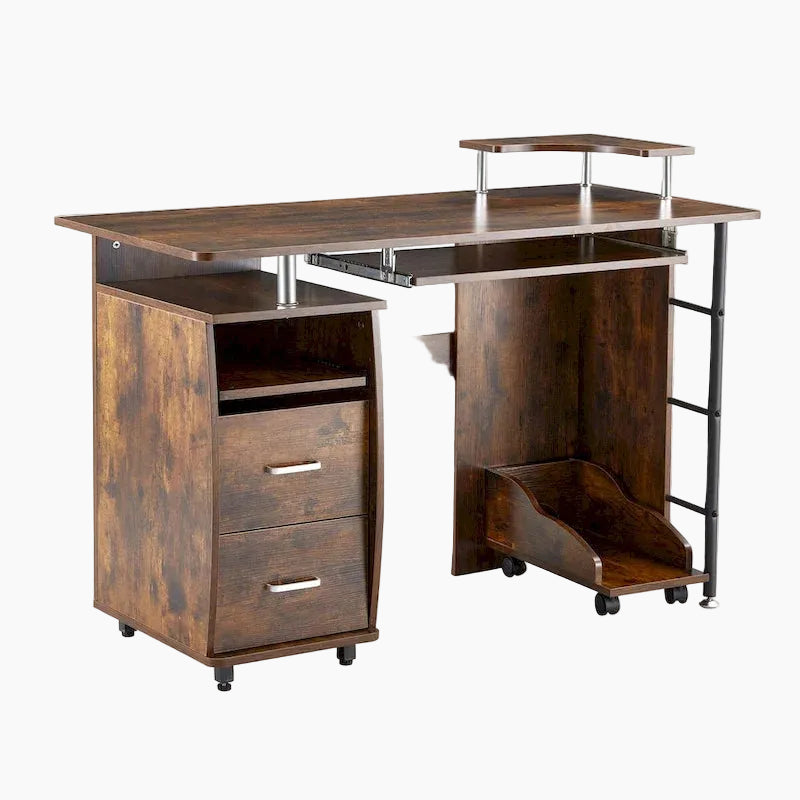 Bureau d'ordinateur en bois massif, table de bureau avec roulette pour PC, étagères de rangement et classeur, deux tiroirs, support pour unité centrale, une étagère.