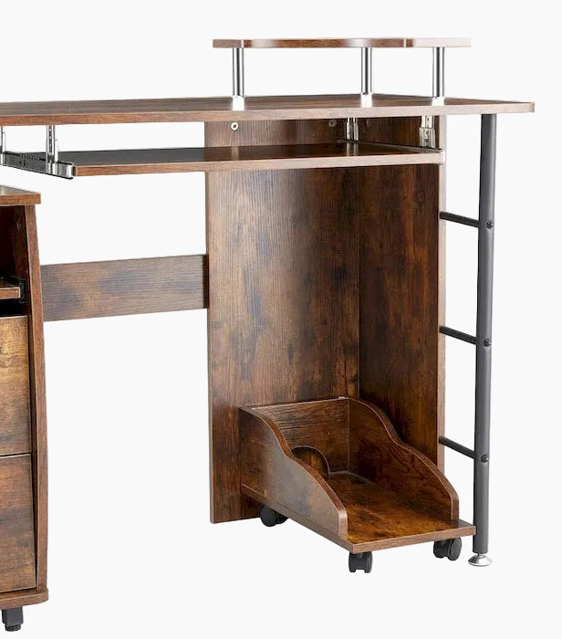 Bureau d'ordinateur en bois massif, table de bureau avec roulette pour PC, étagères de rangement et classeur, deux tiroirs, support pour unité centrale, une étagère.
