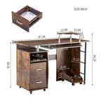 Bureau d'ordinateur en bois massif, table de bureau avec roulette pour PC, étagères de rangement et classeur, deux tiroirs, support pour unité centrale, une étagère.